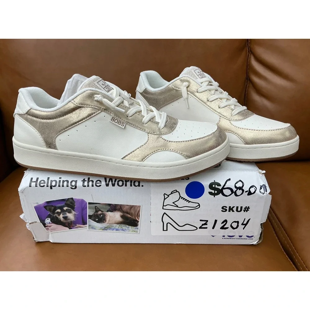 Skechers BOBS Cute Court Glitz Look Women 11 White Gold New Metallic Sneakers